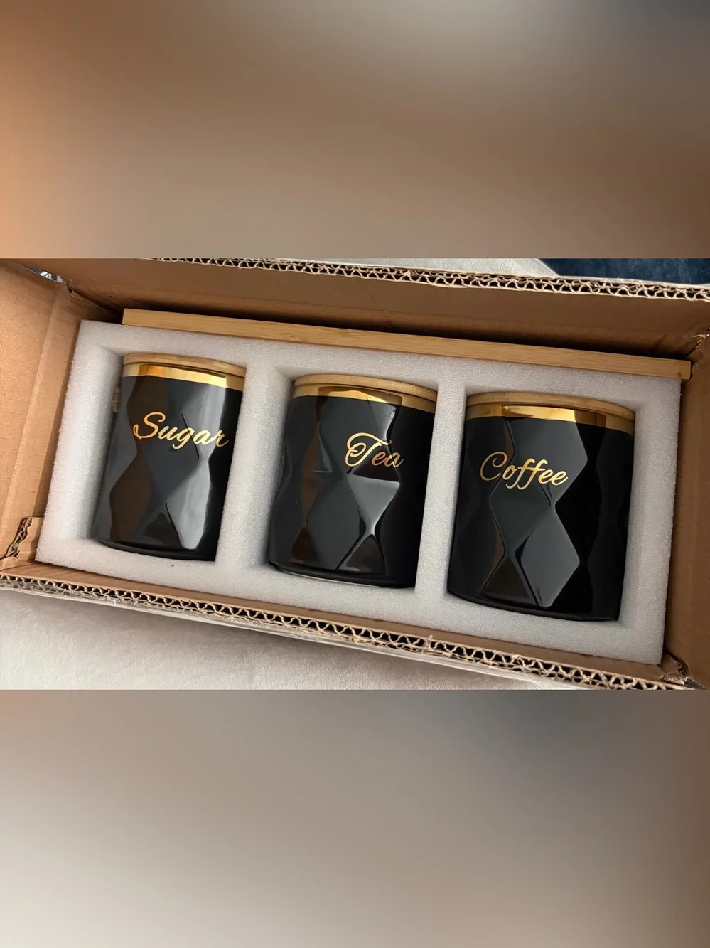 Black Tea Sugar Coffee Canister Set with Bamboo Lids